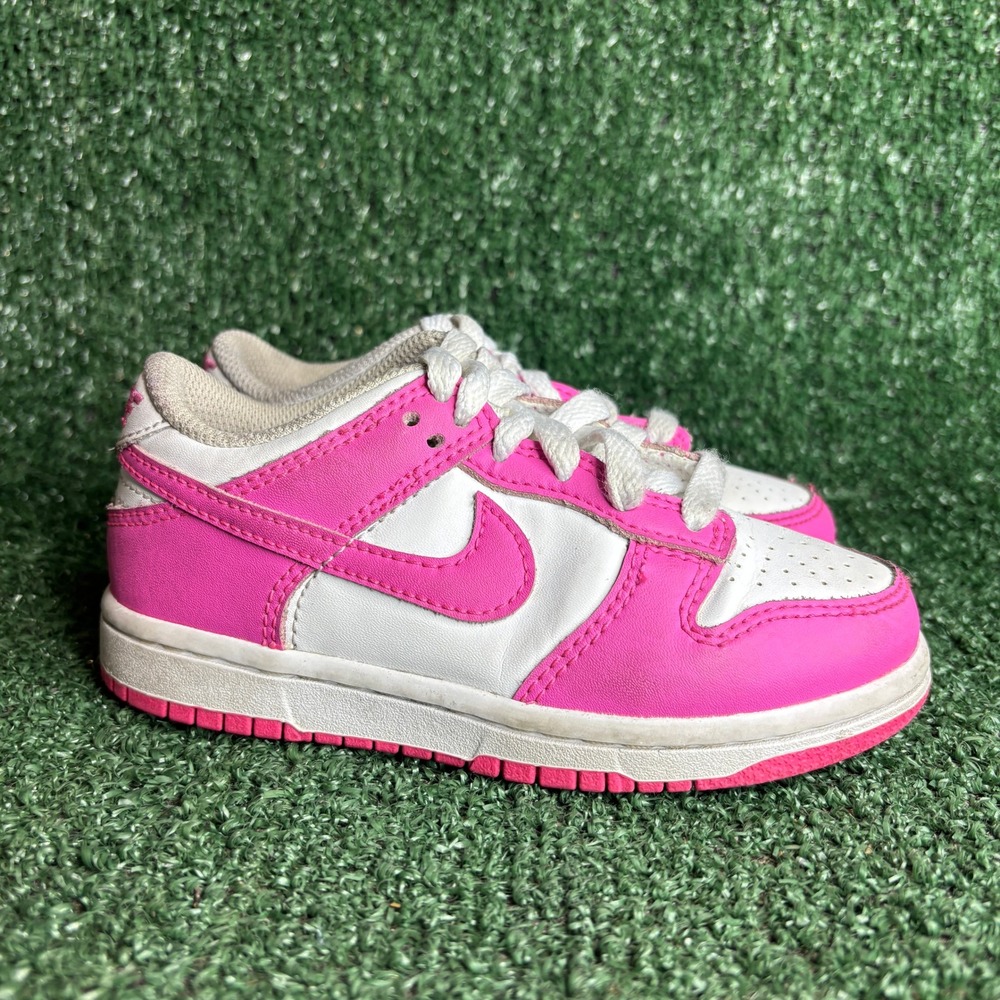 Nike Dunk Low Laser Fuchsia Leather Streetwear Sneakers Pink White Girls 10.5C‎